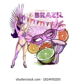 Poster for the Brazilian carnival. Woman in carnival costume, citrus slices, drums, mask. Vector file.