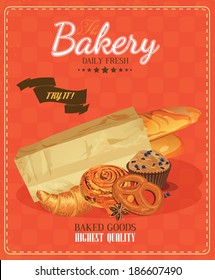 Poster with bread, baton, french baguette, bun, muffin, croissant, baton and pretzel. Vintage style.