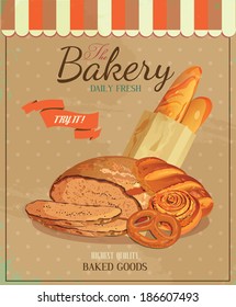 Poster with bread, baton, french baguette, bun, baton and pretzel. Vintage style.