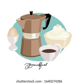 Poster of breakfast food. Coffee maker, yogurt and egg . Cartoon illustration.