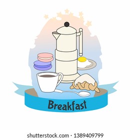 Poster of breakfast food. Coffee pot, croissant, macaroon and egg. Vector illustration on white background.