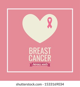 poster breast cancer awareness month with heart and ribbon vector illustration design