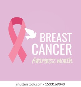 poster breast cancer awareness month with dove and ribbon vector illustration design