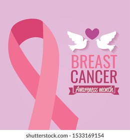 poster breast cancer awareness month with doves and ribbon vector illustration design