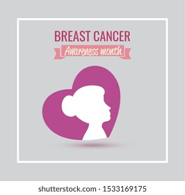 poster breast cancer awareness month and heart with profile woman vector illustration design