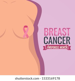 poster breast cancer awareness month with body of woman and ribbon vector illustration design