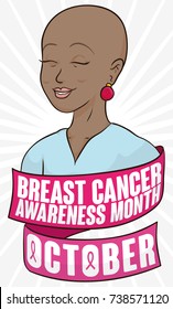 Poster for Breast Cancer Awareness Month in October with a beautiful bald brunette woman smiling and celebrating who beat the disease.