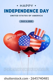 Poster Bright heart shaped balloons with American flag designs celebrate Independence Day in the USA. A cheerful depiction of patriotism and summer festivity.