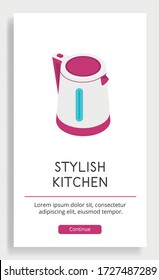 Poster with a bright kettle in isometric style on a white background. An element of the kitchen interior for a bright style. Stylish vector illustration.