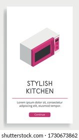 Poster with a bright microwave in isometric style on a white background. An element of the kitchen interior for a bright style. Stylish vector illustration.