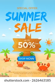 Poster Bright and vibrant summer sale advertisement with crabs, palm trees, and ocean. Highlights a discount event. Perfect for marketing campaigns and summer themed promotions.