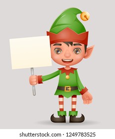 Poster broadsheet advert christmas elf boy santa claus helper new year holiday 3d cartoon design vector illustration
