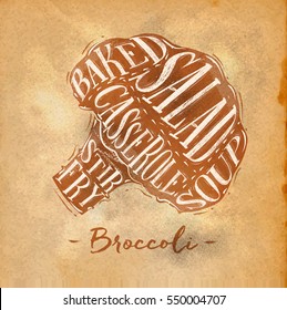 Poster broccoli cutting scheme lettering baked, salad, casserole, soup, stir fry in retro style drawing on craft paper background
