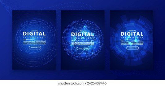 Poster brochure cover banner presentation layout template, technology digital futuristic internet network connection blue background, abstract cyber future tech communication, Ai big data science 3d