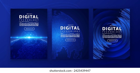 Poster brochure cover banner presentation layout template, technology digital futuristic internet network connection blue background, abstract cyber future tech communication, Ai big data science 3d