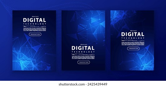 Poster brochure cover banner presentation layout template, technology digital futuristic internet network connection blue background, abstract cyber future tech communication, Ai big data science 3d