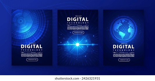 Poster brochure cover banner presentation layout template, technology digital futuristic internet network connection blue background, abstract cyber future tech communication, Ai big data science 3d
