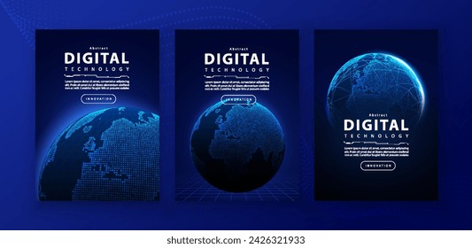 Poster brochure cover banner presentation layout template, technology digital futuristic internet network connection blue background, abstract cyber future tech communication, Ai big data science 3d
