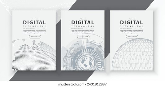 Poster brochure cover banner presentation layout template, technology digital futuristic internet network connection white background, abstract cyber future tech communication, Ai big data science 3d