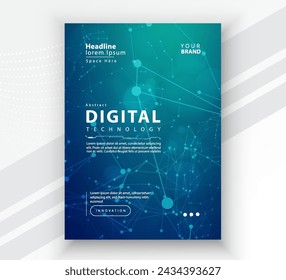 Poster brochure cover banner presentation layout template, Technology digital futuristic internet network connection green blue background, Abstract cyber future tech communication Ai big data science