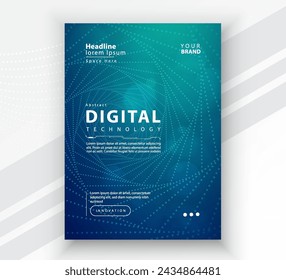 Poster brochure cover banner presentation layout template, Technology digital futuristic internet network connection green blue background, Abstract cyber future tech communication Ai big data science