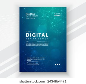 Poster brochure cover banner presentation layout template, Technology digital futuristic internet network connection green blue background, Abstract cyber future tech communication Ai big data science