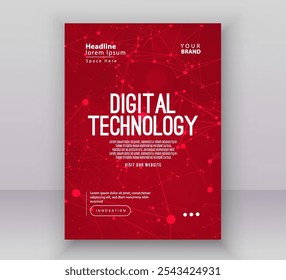 Modelo de layout de apresentação de banner da capa do folheto do cartaz, fundo de gradiente vermelho da rede de internet futurista digital da tecnologia, tecnologia do futuro cibernético abstrato, folheto anual do negócio de grande porte do Ai