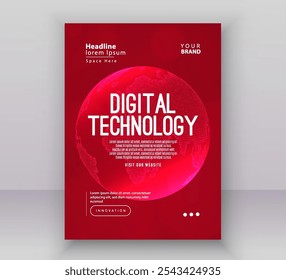 Modelo de layout de apresentação de banner da capa do folheto do cartaz, fundo de gradiente vermelho da rede de internet futurista digital da tecnologia, tecnologia do futuro cibernético abstrato, folheto anual do negócio de grande porte do Ai