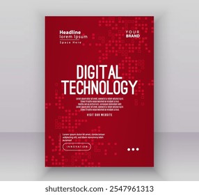 Modelo de layout de apresentação de banner da capa do folheto do cartaz, fundo de gradiente vermelho da rede de internet futurista digital da tecnologia, tecnologia do futuro cibernético abstrato, folheto anual do negócio de grande porte do Ai