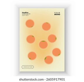 Poster brochure cover banner presentation layout template, a soft beige gradient background with floating orange circles resembling fruit, Abstract elegant design conveys freshness