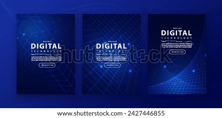 Poster brochure cover banner presentation layout template, technology digital futuristic internet network connection blue background, abstract cyber future tech communication, Ai big data science 3d