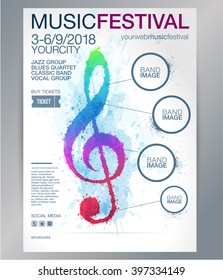 Poster or brochure template with illustration treble clef. Design with splashes of color. Watercolor effect. Vector.