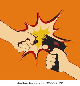 Poster with broken by hands gun icon. March for our lives sign. Gun violence prevention poster