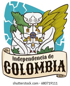 Poster with broken Llorente flower vase behind a ribbon like scroll to commemorate Colombian Independence Day celebration (written in Spanish).