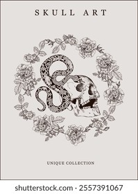 Poster with brown skulls, snakes and floral designs on a light background creating a unique artistic design.	