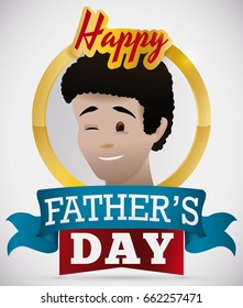 Poster With Brunette Dad Winking At You Inside Golden Frame And Ribbons Celebrating Father's Day.