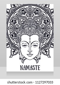 Poster with Buddha head and beautiful mandala, can be used as greeting card for buddha birthday or as banner fo yoga studio, black and white, vector illustration 