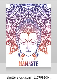 Poster with Buddha head and beautiful mandala, can be used as greeting card for buddha birthday or as banner fo yoga studio, vector illustration 