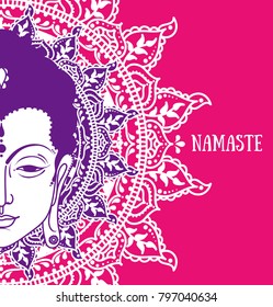 Poster with Buddha head and beautiful mandala, can be used as greeting card for buddha birthday, funky colors, vector illustration 