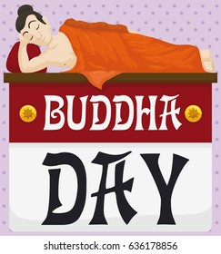 Poster with Buddha lied down over a loose-leaf calendar and dotted background reminding you the Buddha Day (also called Vesak).