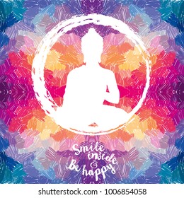 Poster with Buddha silhouette on artistic background, can be used for yoga studio, funky colors, vector illustration