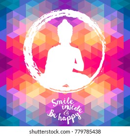 Poster with Buddha silhouette on geometric background, can be used for yoga studio, vector illustration