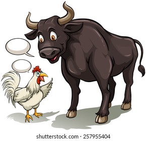 Poster with a bull and a cock on a white background