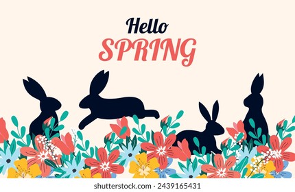 Poster with bunnies and flowers in hand drawn style. Vector. Hi spring. Modern trendy vibrant colors. Clipart. Traditional bunny. Modern trendy design. Doodle. Easter. Family and holiday