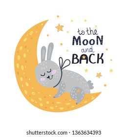 Poster with bunny, stars and lettering. Vector illustration for your design