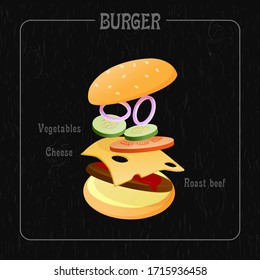 Poster burger on a black wooden board. Hamburger ingredients with text. Isolated vector illustration. Use for a menu, in a store, in a bar, postcard or sticker. Easy to edit.
