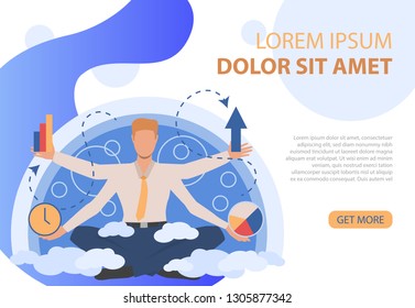 Poster of business character holding different diagrams. Result, business plan, design. Can be used for topics like multitasking, work, scheduling