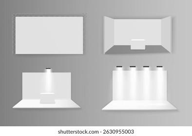 Pôster para evento de negócios com placa de publicidade e modelo de suporte vazio incluindo tabela de maquete de vetor isolado no fundo claro com apresentação de rolo atualizado e promoção da loja

