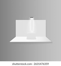 Poster for business event with advertising board and empty stand template including vector mockup table isolated on light background with up to date roll presentation and store promotion


