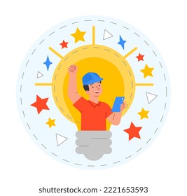 Poster for business. Man inside light bulb, metaphor for creative personality, brainstorming and insight. Talented and successful entrepreneur launches startup. Cartoon flat vector illustration